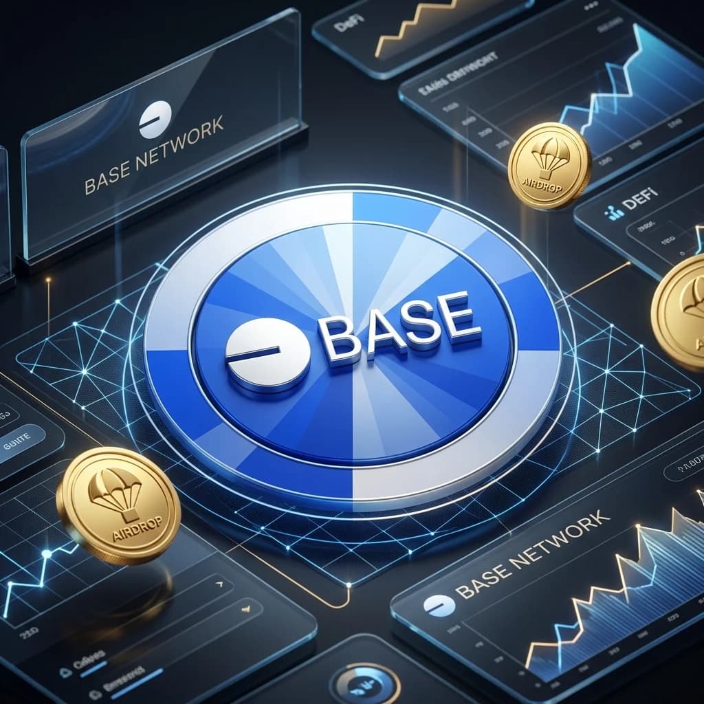 Glowing blue and white circle logo of the Base blockchain on a dark premium background, representing the 2026 Base airdrop guide.