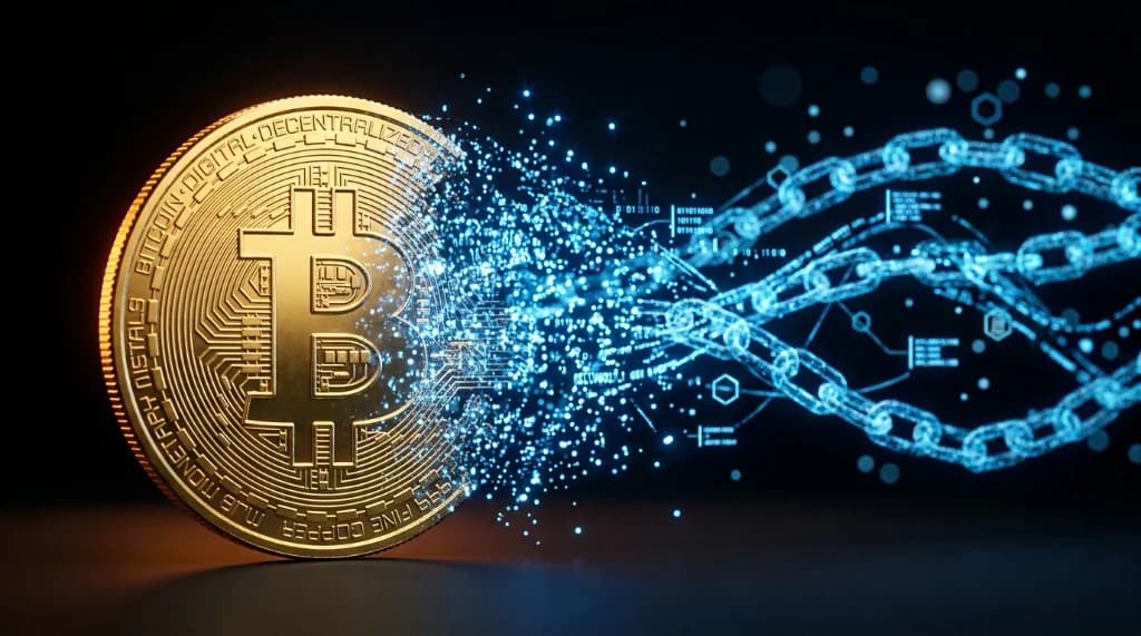 Gold Bitcoin coin dissolving into blue digital blockchain chains on a dark background