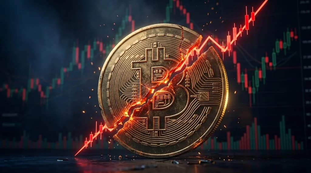 Cracked Bitcoin coin with a red volatility chart line over a dark candlestick market background