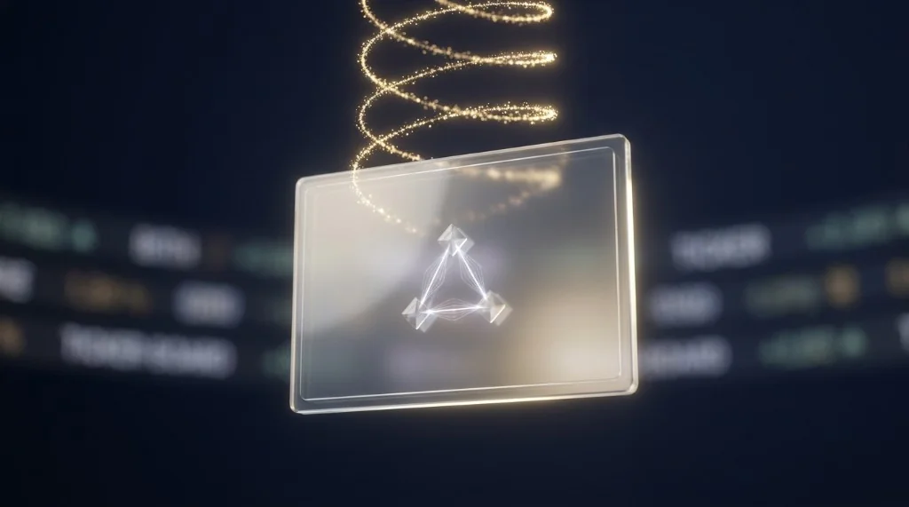 Glass ETF share certificate with network nodes and a golden yield spiral over a stock ticker background