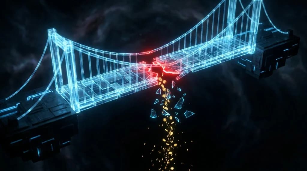 Glowing blue digital bridge snapping in the middle with gold coins falling into a dark void
