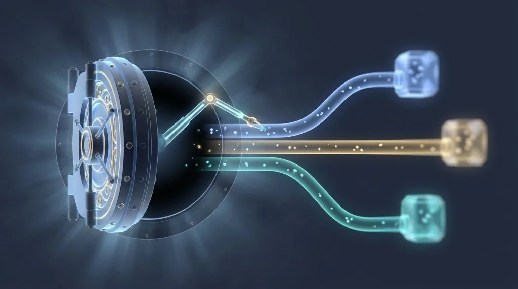 Open DeFi vault door with a robotic arm routing glowing yield streams into three destination cubes