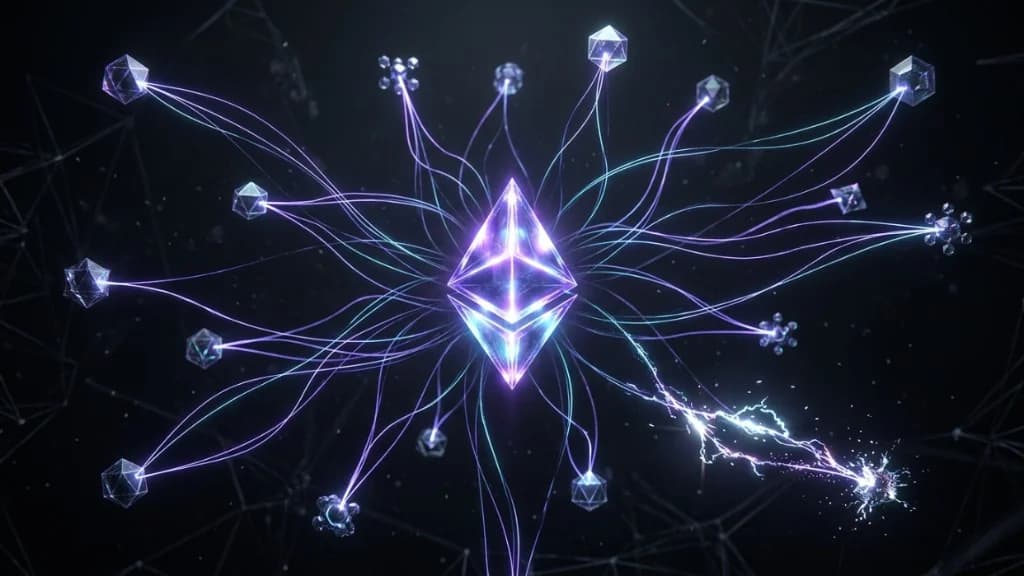 Glowing Ethereum logo connected to network nodes with one shattered node showing restaking risk