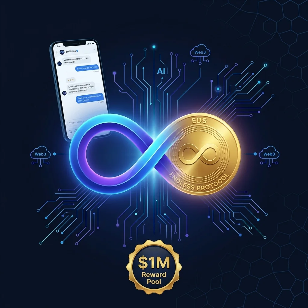 Endless Protocol EDS airdrop 2026 guide showing glowing EDS token coin, Luffa app interface, AI Web3 cloud nodes and $1M reward pool badge on dark navy background.