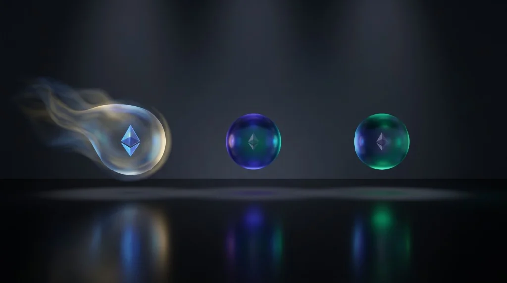 Three glowing Ethereum liquid staking orbs representing stETH, wstETH, and rETH on a dark reflective surface