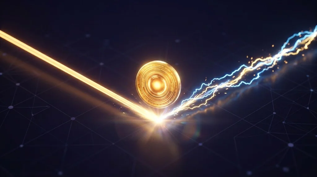 Golden crypto token splitting an orange light beam into a blue electric yield wave on a dark blockchain grid