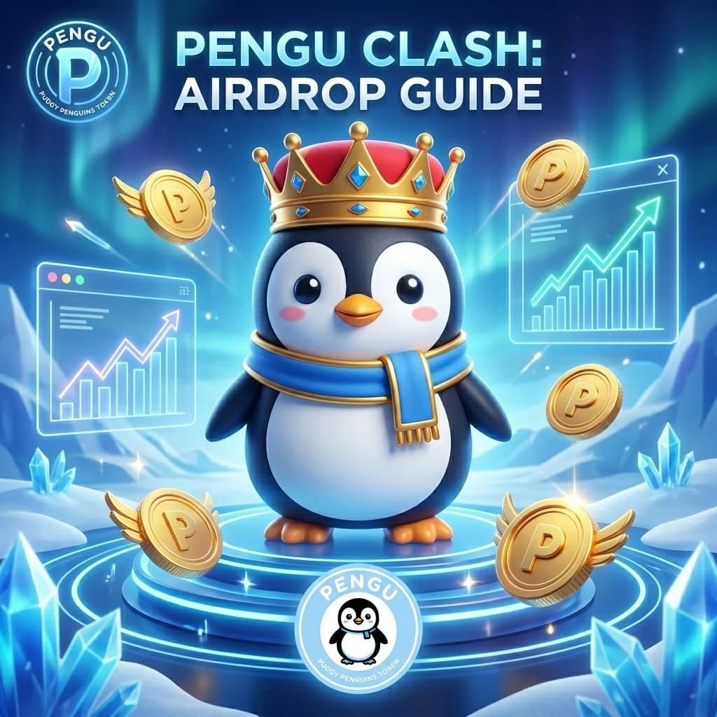A cute round 3D penguin wearing accessories on a futuristic, glowing blue ice background, representing the 2026 Pengu Clash Telegram game guide.