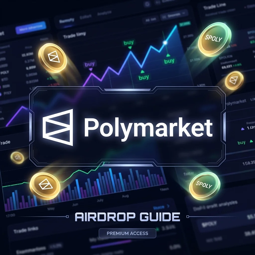 Polymarket predictions interface with glowing green $POLY token coins and charts, representing the 2026 Polymarket airdrop guide.