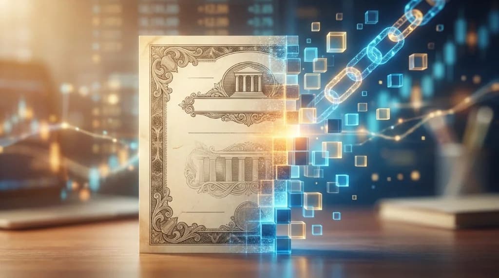 Traditional paper bond transforming into glowing blockchain cubes and chain links on a desk
