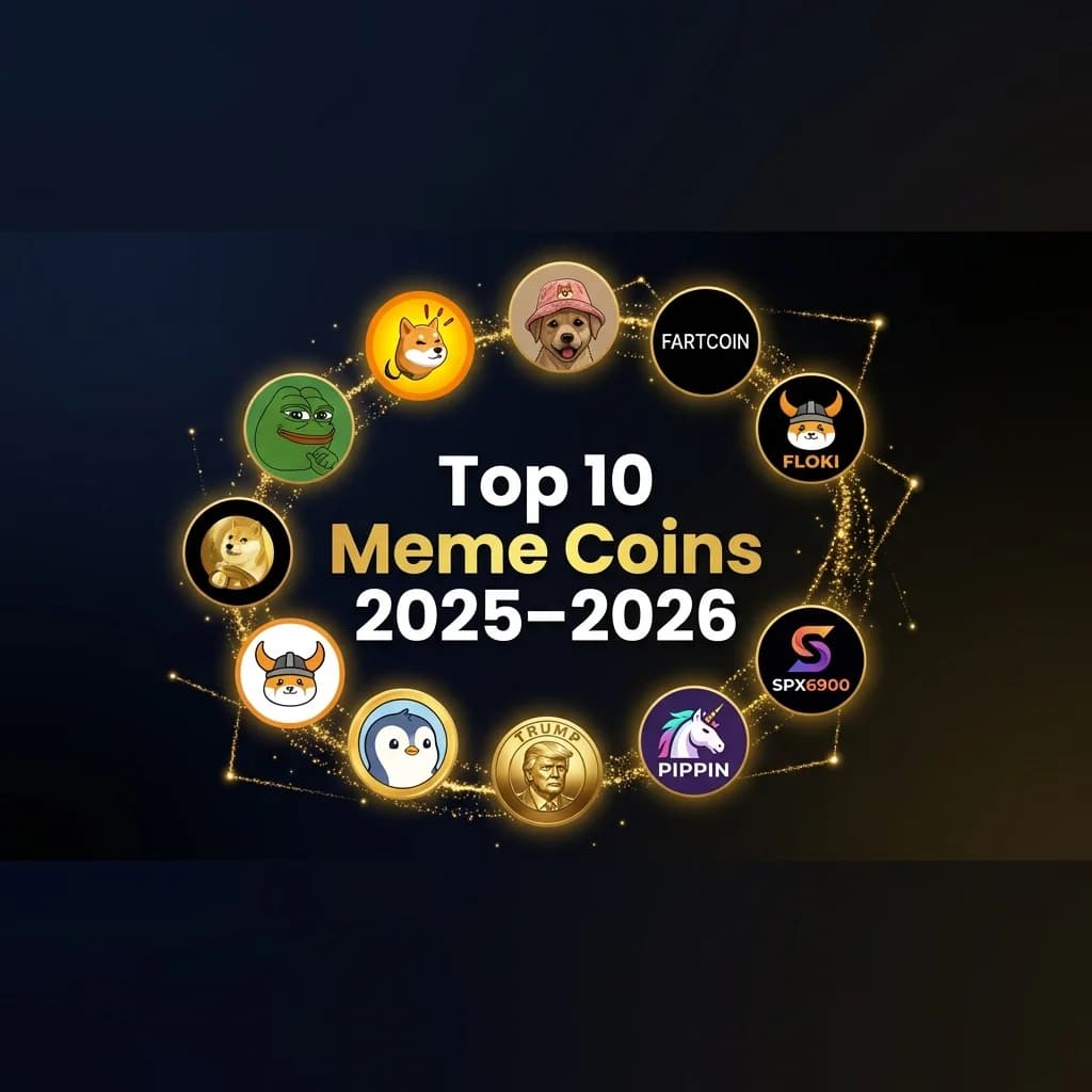 Top 10 hottest meme coins of 2025 and 2026, PEPE, BONK, WIF, FARTCOIN, SPX6900, PIPPIN, PENGU, TRUMP, FLOKI and MemeCore logos on a dark premium crypto background.