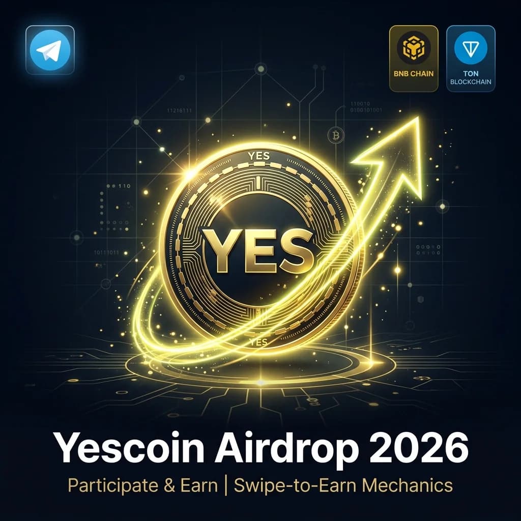 Yescoin airdrop 2026 guide showing glowing YES token coin with Telegram swipe gestures and TON blockchain, premium dark crypto design.