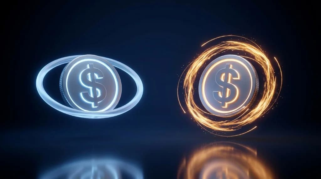 Two glowing dollar coins side by side, one blue and static, one orange with swirling yield energy