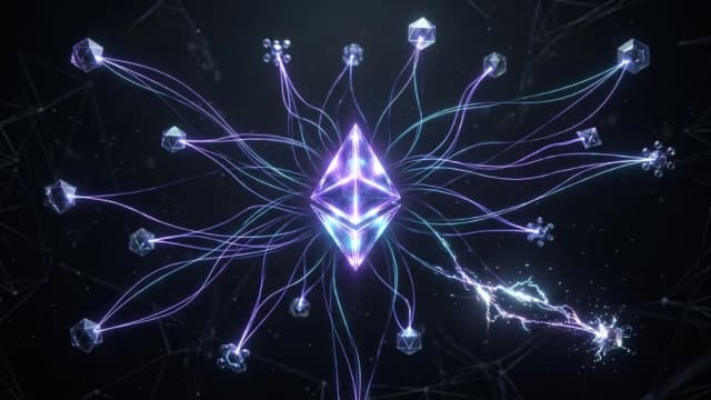 Glowing Ethereum logo connected to network nodes with one shattered node showing restaking risk
