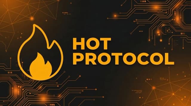 Futuristic black background with glowing circuit tracks and nodes, containing the official orange HOT Protocol logo and text, representing multi-party computation security.